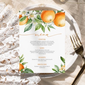 Menu floral orange et agrumes | Menu de mariage tropical aquarelle imprimable modifiable | Brunch design orange, anniversaire, mariage, baby shower