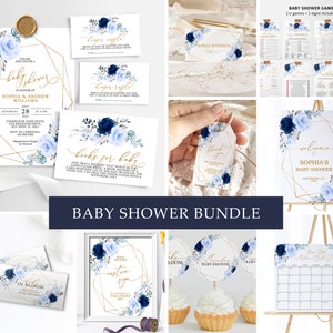 Lot floral bleu marine et or d'invitation de baby shower de Zazzle.be Liste d'envies Vous avez des idées ? Modèle de fleurs rose bleu royal MODIFIABLE | Décoration et jeux de douche pour garçons à imprimer