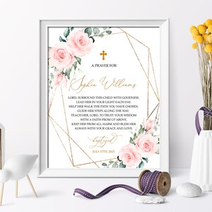 Blush Pink & Gold Blumen Taufe Gebetszeichen | EDITIERBARE Vorlage | Personalisierte Gebetskarte | Rose Blumen Printable Taufe | Silber