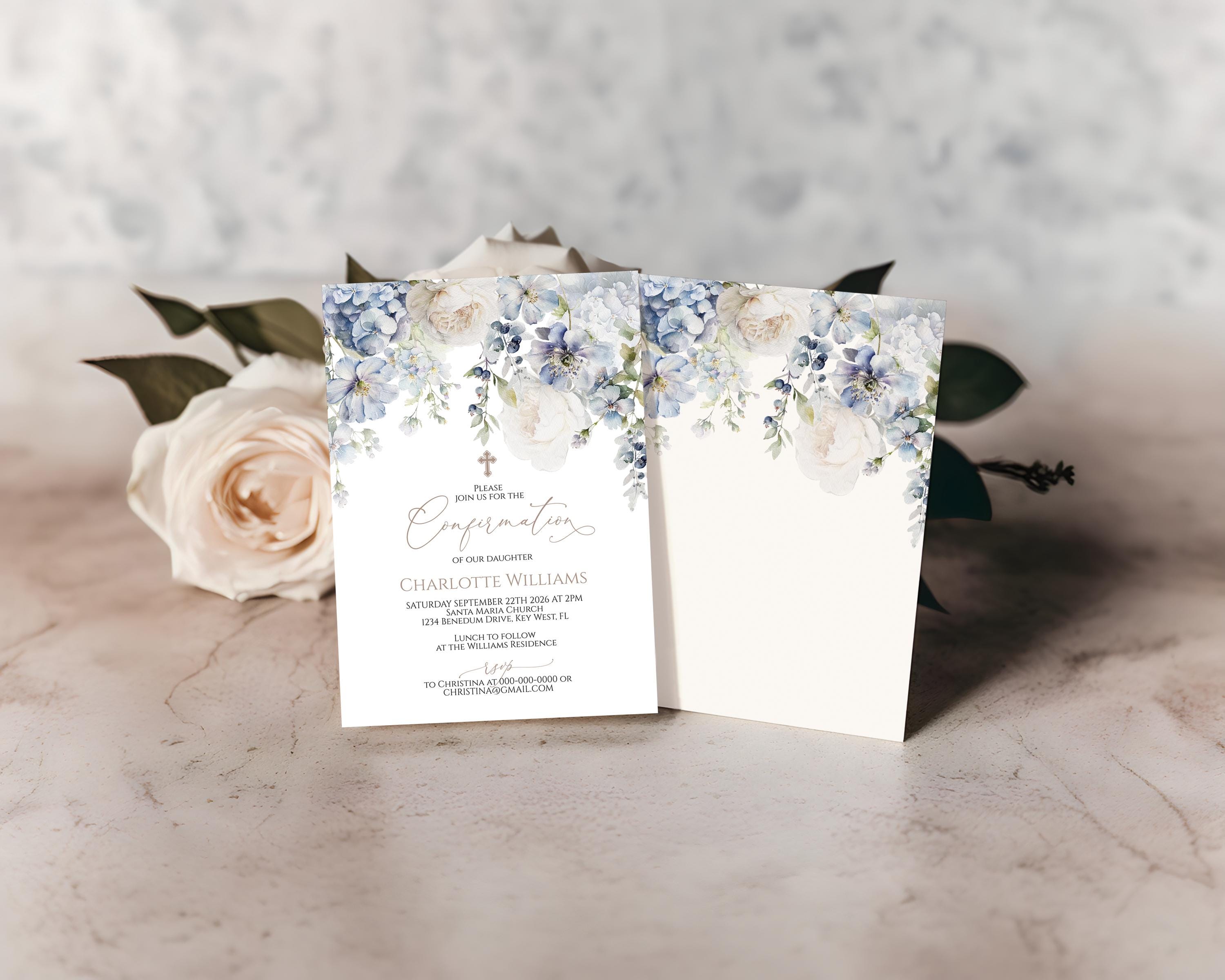 Elegant Blue Hydrangea Confirmation Invitation | Boho Dusty Blue ...