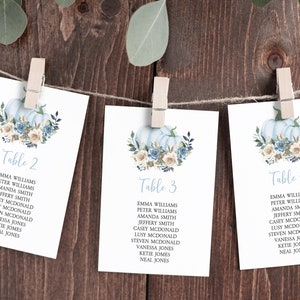 Blauwe pompoen zitplaatsen grafiek kleine pagina's, BEWERKBAAR, herfst herfst Vind uw stoelkaarten, DIY bloemen afdrukbare plansjabloon, Instant Download