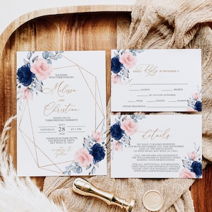 Conjunto de invitaciones de boda con flores en rosa ruborizado y azul marino, plantilla EDITABLE, invitación de boda imprimible con marco dorado y rosa azul, RSVP, detalles, agradecimiento