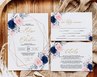 Floral Wedding Invitation Set: Blush Pink, Navy & Gold (EDITABLE Template)