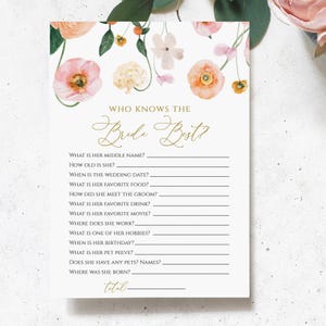 Peach & Blush Blumen Wer kennt die Braut Best-Spiel | EDITIERBARE Printable Wie gut kennst du die Braut? Vorlage | Mohnblumen-Brunch-Karte
