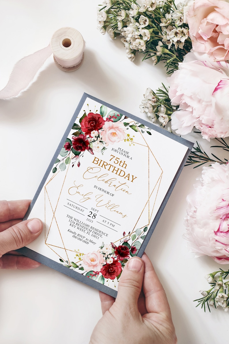 Marsala & Blush Pink Floral 75th Birthday Invitation, EDITABLE Template, Women Floral Printable Birthday Invite, Any Age Women Invite image 3