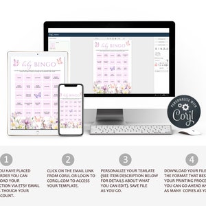 May include: A digital screen displaying a printable baby bingo card with a pink and purple floral design and butterflies. The text "Baby Bingo" is at the top of the card. The screen is on a white desk with a keyboard and mouse. The text "Personalize with Corjl" is on a blue circle with a gear icon.