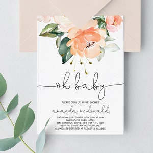 Pfirsich Rose Oh Baby-Einladung, EDITIERBARE Vorlage, Greenery Floral Printable Shower Invite, Boho Blumen, süße Baby-Karte, Gream Rose