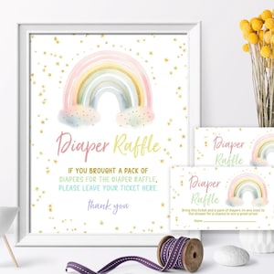 et billets pour la tombola Rainbow Baby Shower Diaper | Modèle aquarelle d'étoiles d'or arc-en-ciel amusantes MODIFIABLE | Jeu de tombola sur les couches imprimables