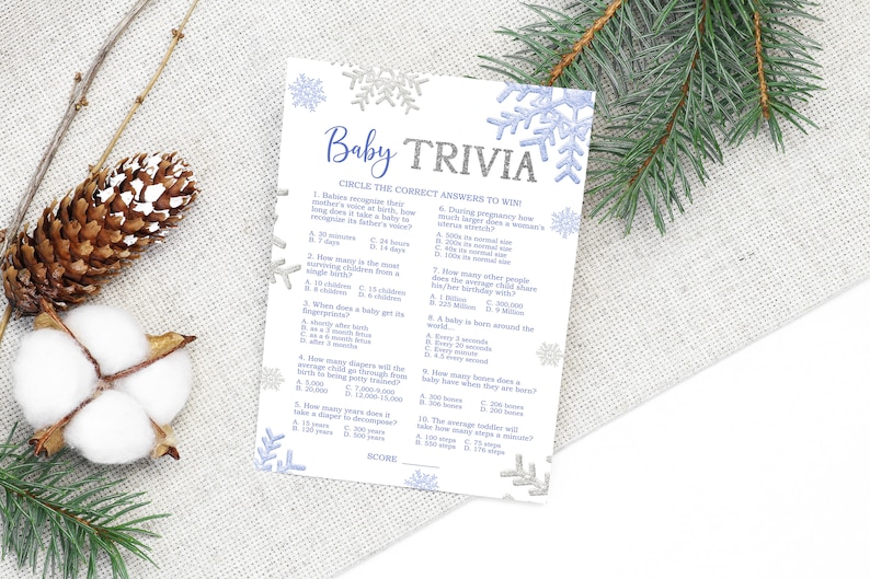 Winter Baby Shower Trivia, Blue & Silver Snowflakes, Printable Baby