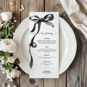 Eleganckie Czarne Kokardkowe Menu | Edytowalne Wydrukowane Akwarelowe Wstążki Menu Ślubne | Minimalistyczny Projekt Ślubny Brunch, Urodziny, Ślub