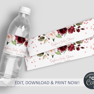 Marsala & Rose Gold Bottle Label, EDITABLE, Floral Water Labels, Printable Birthday Template, Custom Water Label, Baby, INSTANT DOWNLOAD