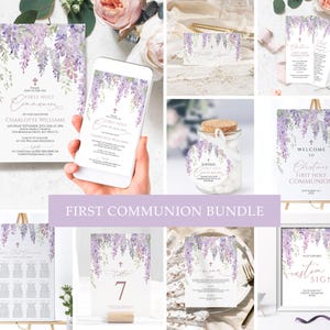Pacchetto di inviti per la prima comunione con glicine viola / Modello MODIFICABILE / Invito per battesimo con fiori di lavanda boho e croce / Suite di dedica