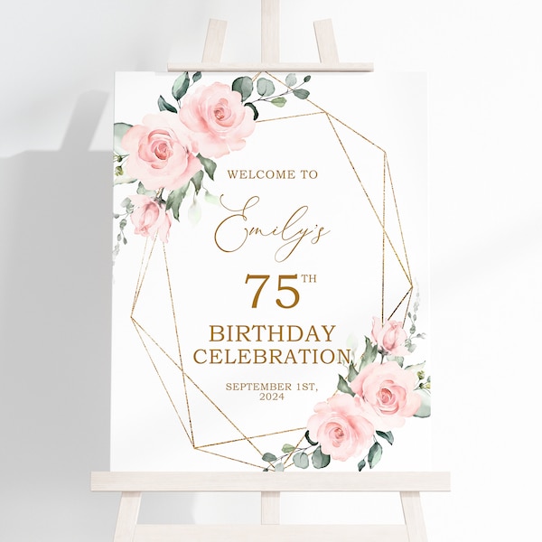 Blush Pink Flowers & Gold Frame Birthday Welcome Sign, EDITABLE Template, Boho Pink Rose Birthday Sign, Printable Large Birthday Poster