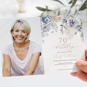 Modelo de convite de aniversário de hortênsia azul editável | Convite de aniversário floral empoeirado | Convite de aniversário com foto para impressão feminino | Qualquer idade