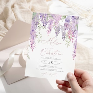 Elegante lila Glyzinien Hochzeitseinladung, EDITIERBARE DIY druckbare Lavendel Blumenvorlage, violette Blumen Hochzeit einladen, sofortiger Download