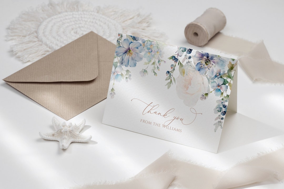 Elegant Blue Hydrangea Thank You Card, Editable Printable Floral ...