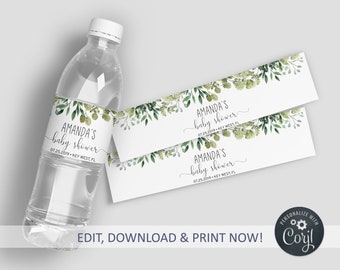 May include: Water bottle label template with a green floral design and the text "Amanda's baby shower" with the date and location. The label is designed for a baby shower.