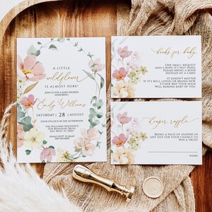 Set met wilde bloemen babyshower | BEWERKBARE sjabloon | Afdrukbaar evenementpakket met bloemen voor meisjes | Babyhagel roze en rode wilde bloemen