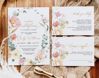 Ensemble d'invitations pour baby shower fleurs sauvages : floral rose, MODIFIABLE (fichier numérique)