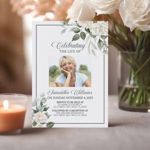 Modèle d'invitation aux funérailles d'une rose blanche | faire-part imprimable MODIFIABLE | Service commémoratif floral | Célébration de la vie | Téléchargement instantané