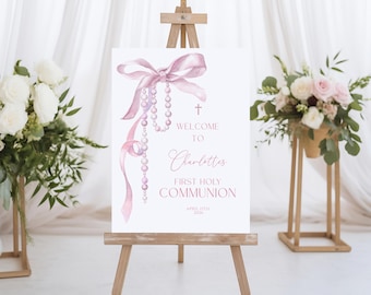Blush Pink First Communion Welcome Sign: Boho Rosary (EDITABLE Digital Download)
