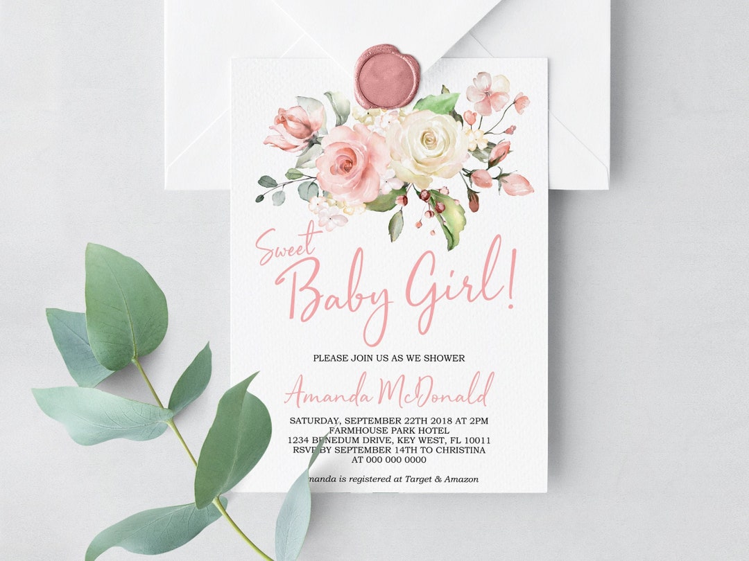EDITABLE Baby Shower Invitation, Rose Flower Soft Pastel Invite, Blush ...