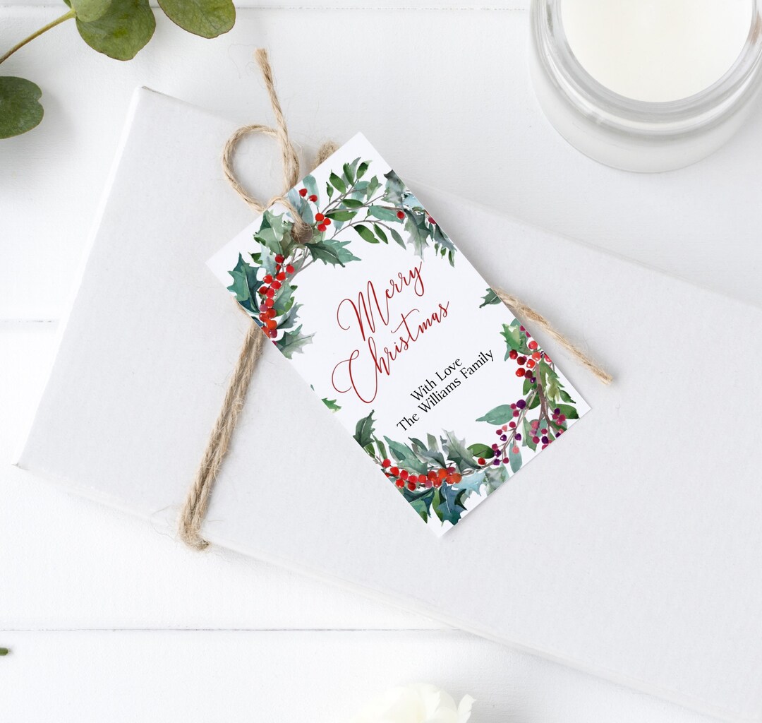 Christmas Wreath Tag, EDITABLE Template, Printable Holly Christmas Gift ...