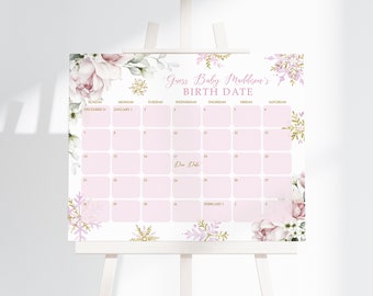 May include: A pink and white floral calendar with gold accents for a baby shower. The calendar is for guessing the baby's birth date. The text on the calendar says "Guess Baby Maddison's Birth Date".
