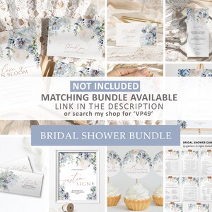 May include: A bridal shower bundle with a blue and white watercolor floral design. The bundle includes a welcome sign, games, decorations, and favors. The text "Love is in Bloom" is featured on the welcome sign. The text "Custom Sign" is featured on the sign. The text "Bridal Shower Games (9 games - 6 signs included)" is featured on the game cards.