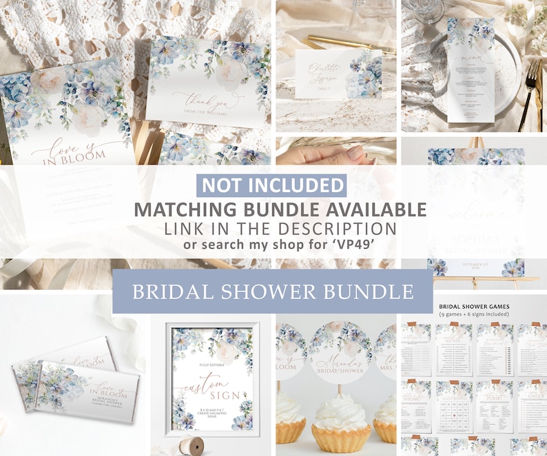 May include: A bridal shower bundle with a blue and white watercolor floral design. The bundle includes a welcome sign, games, decorations, and favors. The text "Love is in Bloom" is featured on the welcome sign. The text "Custom Sign" is featured on the sign. The text "Bridal Shower Games (9 games - 6 signs included)" is featured on the game cards.