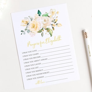 Gelbe Blumen Gebete für Babys Grußkarten | Bearbeitbare weiße Rose Blumen Taufe Gebetskarte Vorlage | Boho Babyparty wünscht Karte