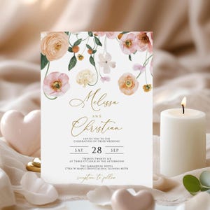 Faire-part de mariage fleurs pêche et rose | Modèle floral de pavot imprimable bricolage MODifiable | Faire-part de mariage élégant avec des touches d'or