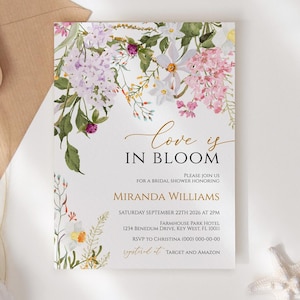 Invitación de despedida de soltera con flores silvestres Love is in Bloom / Plantilla EDITABLE / Invitación de brunch con flores lilas y rosas imprimible / Tarjeta con flores boho