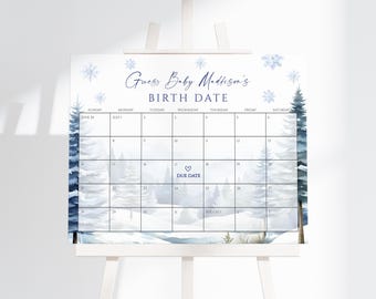 May include: A printable baby shower game with a wintery forest background. The game asks guests to guess the baby's birth date. The due date is marked on the calendar.