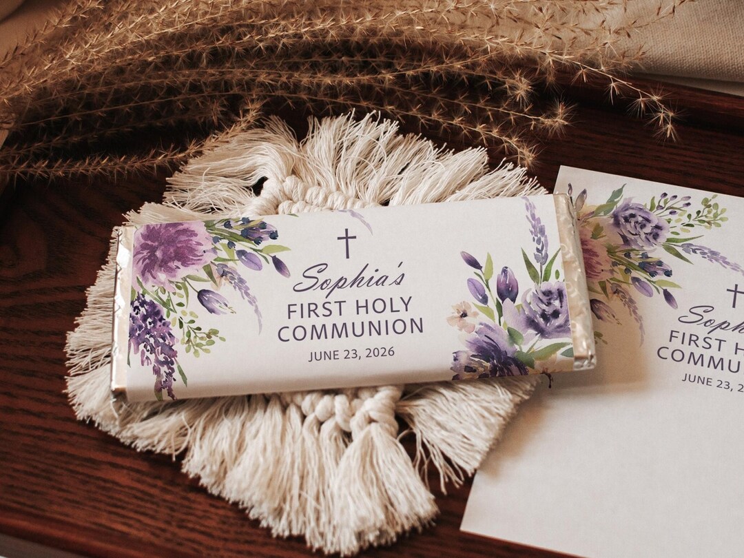 Gift Rapper Violet Lavender First Communion Chocolate Bar Wrapper | Editable Purple ...