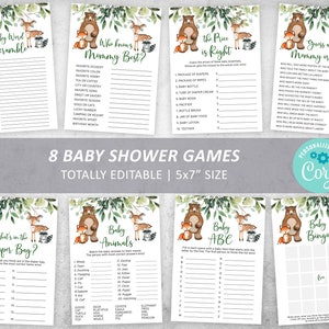 Woodland Baby Shower Game Set, 100% EDITABLE, Greenery Games Bundle, Neutral Party Activities Pack, Printable Animals, INSTANT DOWNLOAD