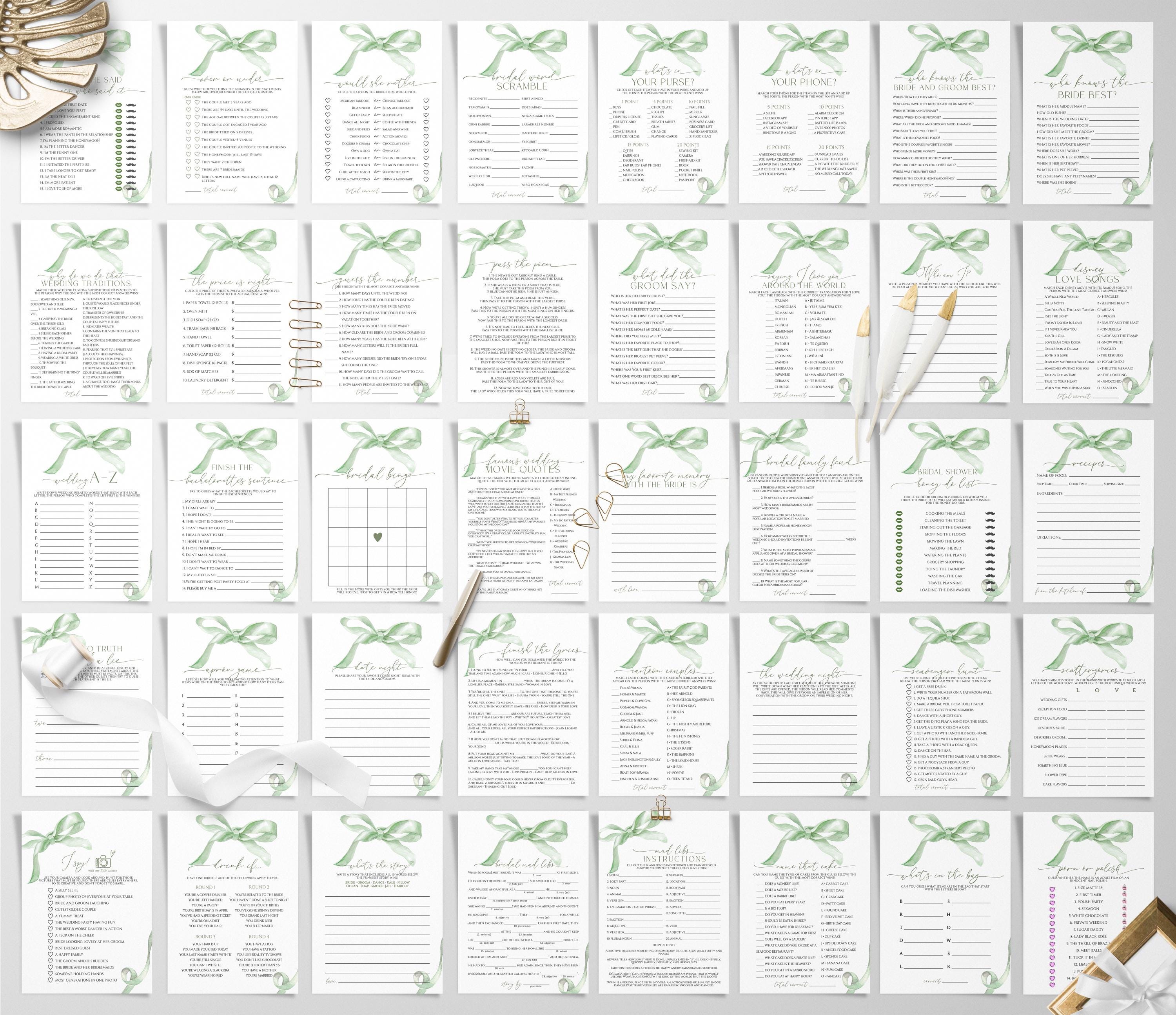 Sage Green Bridal Shower Games Bundle: Boho Ribbon (printable) - Etsy