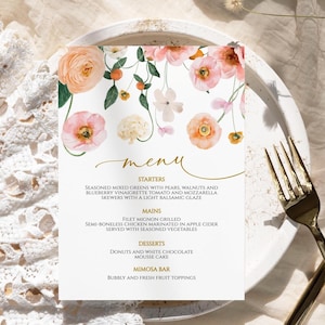 Pfirsich & Blush Blumen Menü | EDITIERBARE Vorlage | Druckbares Blumen Hochzeitsmenü | Mohnblumen Brautbrunch, Babyparty, Geburtstag, Taufe