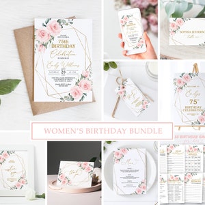 Pacote de convites para 75º aniversário com flores rosa-claro | Modelo EDITÁVEL | Convite de aniversário para impressão com moldura dourada | Conjunto de aniversário para qualquer idade