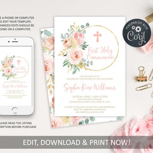 EDITABLE First Holy Communion Invitation Template, Blush Pink Floral Printable Baptism Invite, Girl Dedication Invititation,Instant download image 1