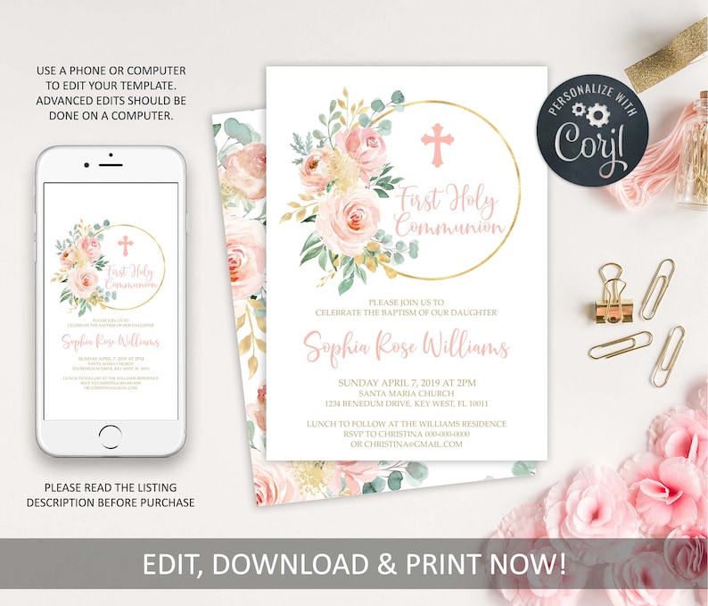 EDITABLE First Holy Communion Invitation Template, Blush Pink Floral Printable Baptism Invite, Girl Dedication Invititation,Instant download image 1