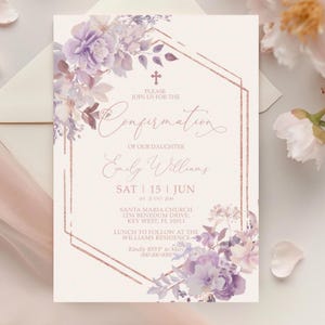 de confirmation de fleurs pourpres | Cadre bohème floral lavande et or rose | Dédicace modifiable d'une fillette, modèle de baptême