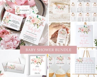 May include: A pink and white floral baby shower bundle with a welcome sign, invitations, games, and favors. The bundle includes a welcome sign that says "Welcome to Amanda's Baby Shower", invitations with pink and white flowers, games like "Guess the Baby Food" and "Baby Bingo", and favors like "Thank You" tags with pink and white flowers.
