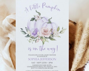 Lavender Pumpkin Baby Shower Invitation: Purple Floral Template (Digital Download 5x7" EDITABLE Card)