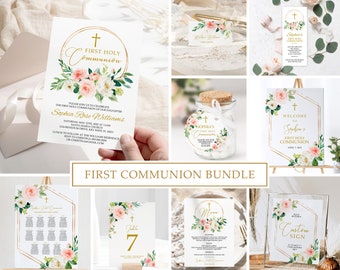 First Holy Communion Invitation Bundle, EDITABLE Template, Floral Printable Baptism Invite, Pink Rose & Gold Wreath Girl Dedication Suite