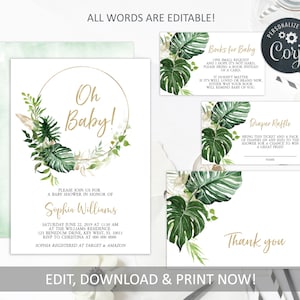 Conjunto de invitaciones editables para baby shower tropical / Plantilla de Greenery Oh Baby / Paquete de invitaciones con hojas de palmera verdes y doradas para imprimir