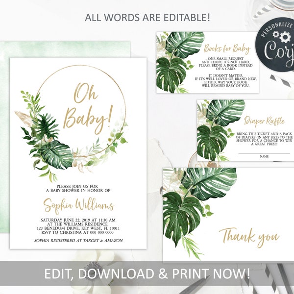Editable Tropical Baby Shower Invitation Set, Greenery Printable Oh Baby Template, Green and Gold Invite, Palm Leaf Bundle, INSTANT DOWNLOAD
