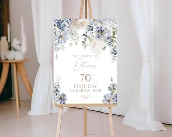 Blue Hydrangea Birthday Welcome Sign: Elegant Floral Poster (EDITABLE Template)