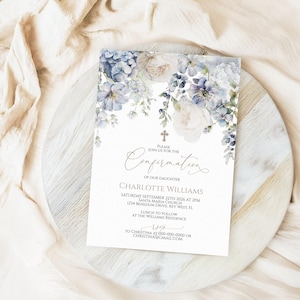 May include: A blue and white floral invitation card with a cross and the text "Please join us for the Confirmation of our daughter Charlotte Williams Saturday September 22th 2023 at 2PM Santa Maria Church 628 Bindeum Drive Key West, FL Lunch to follow at the Williams Residence RSVP to Christina at 555-000-0000 or christinangmail.com"