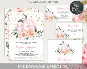 Pumpkin Baby Shower Invitation Set, 100% Editable Template, Printable Fall Autumn Girl Invite, Blush Pink Brunch Event Pack INSTANT DOWNLOAD
